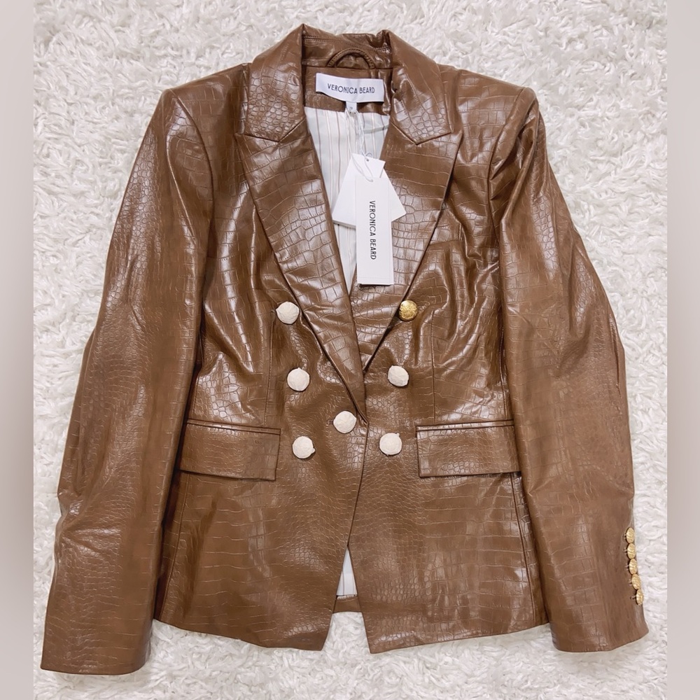 NWT Veronica Beard Lawrence Croc Embossed Faux Leather Dickey Jacket In Brown - Picture 9 of 13